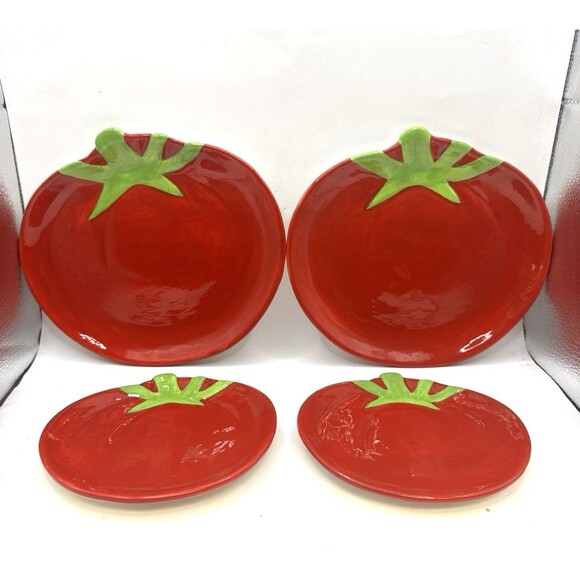 GANZ Other - New 4 Red Tomato Shaped Tidbit Plates Ceramic Garden Veg Food Whimsy